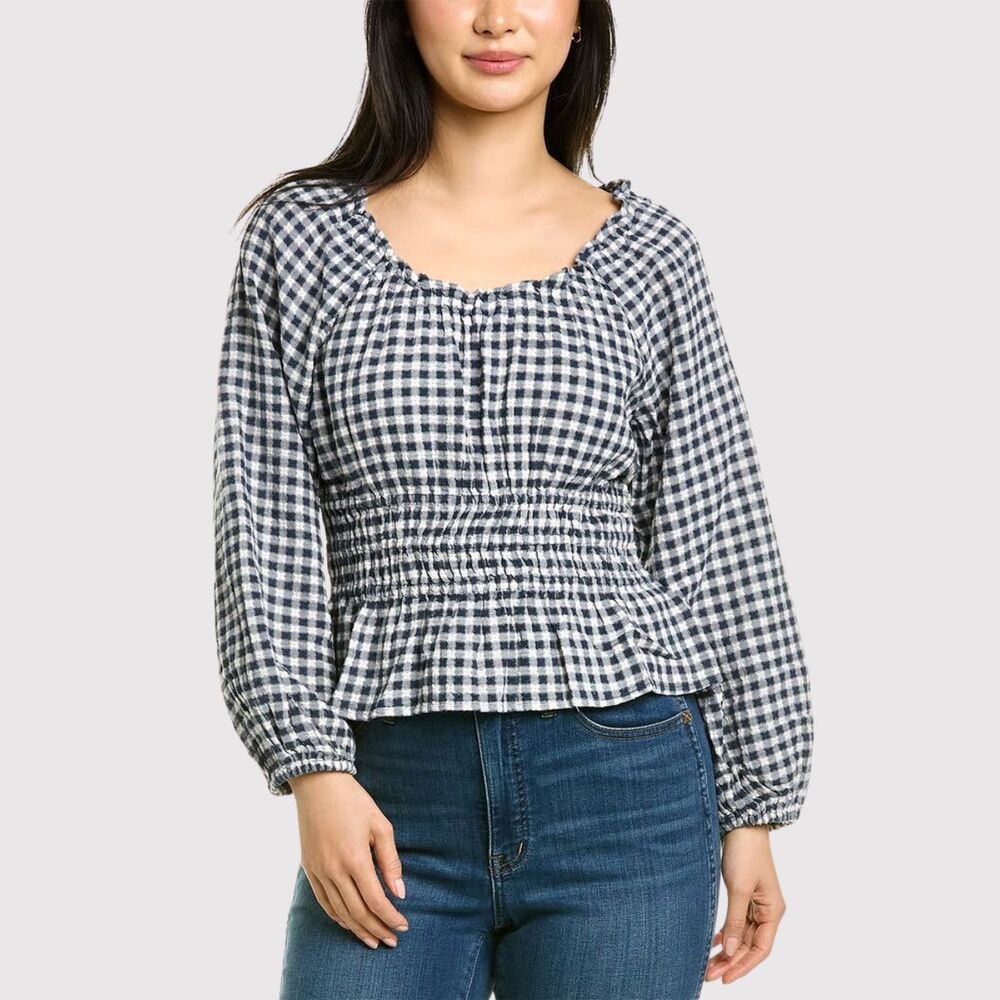 Madewell Womens Top Blue Sophie Textured Plaid Smocked Peplum Blouse Peasant XS